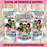 AFRICAN AMERICAN COCOMELON CAPRISUN OR KOOL- AID JAMMERS (PINK) Custom Favorz by Sharon